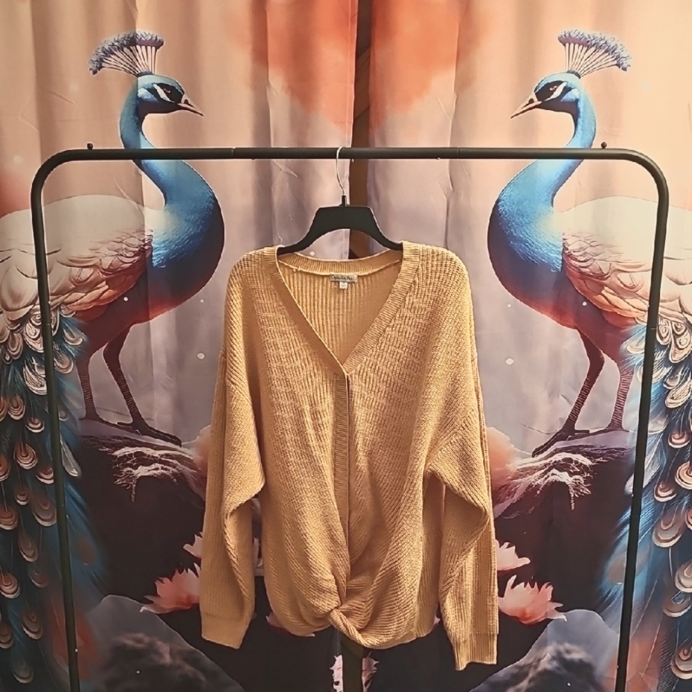 Women's V-Neck Knitted Long Sleeve Sweater - Gold